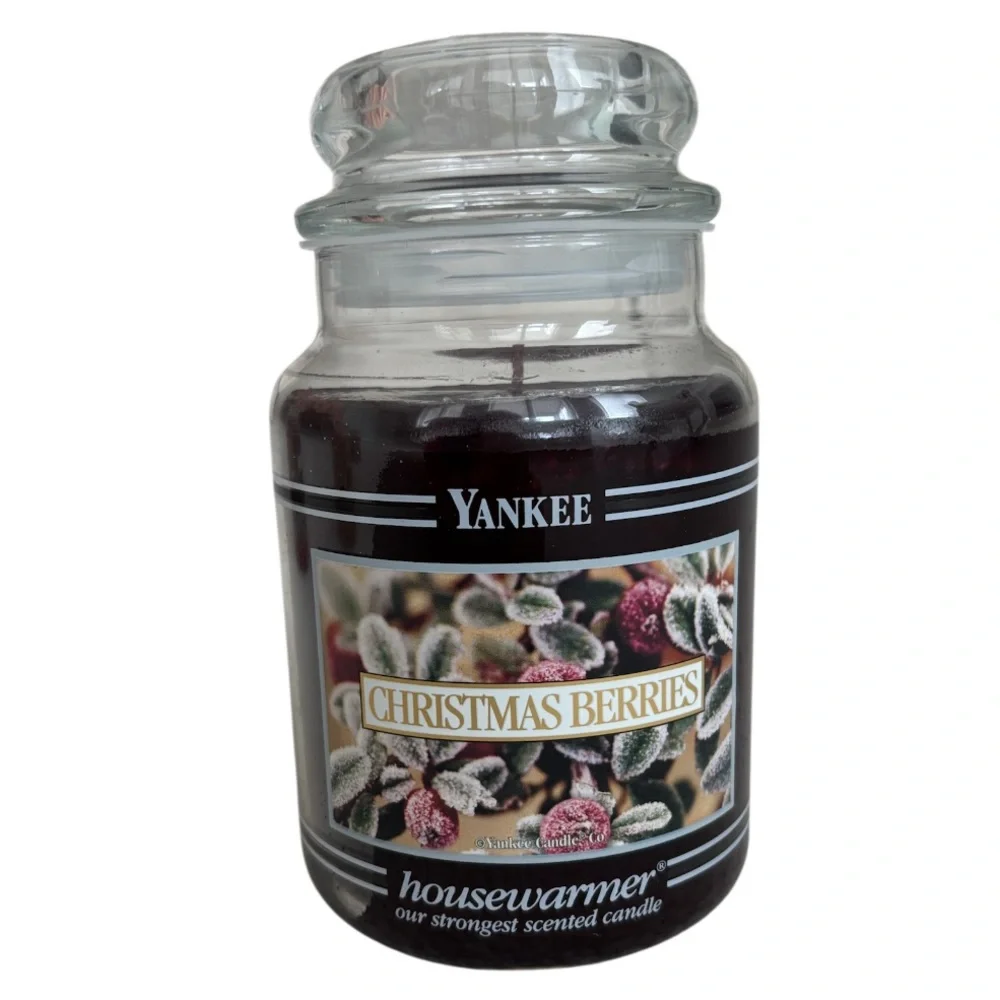 Yankee Candle Jar Christmas Berries Vintage Black Band Burgundy Deep Red 22 Oz